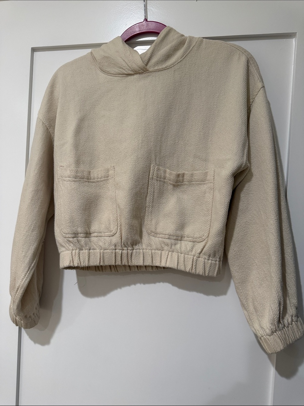 Zara Cream Cropped Crewneck Sweater with Front Pockets